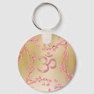 OM symbol  with gentle pastel pink flower tree Key Ring