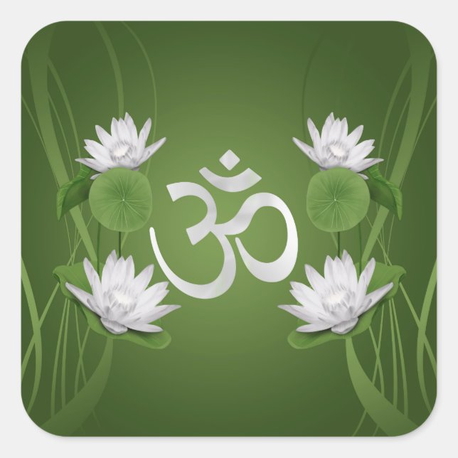 Om Symbol with Lotus flowers on green Square Sticker (Front)