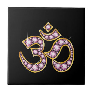 Om Symbol with "Rose Quartz" Stones Ceramic Tile