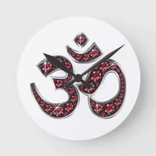 Om Symbol with "Ruby" Stones Round Clock