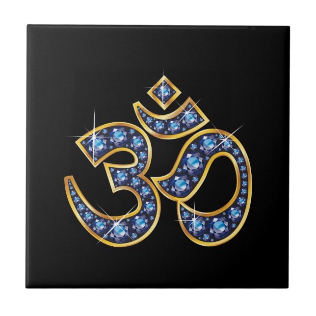 Om Symbol with "Sapphire" Stones Ceramic Tile (Front)