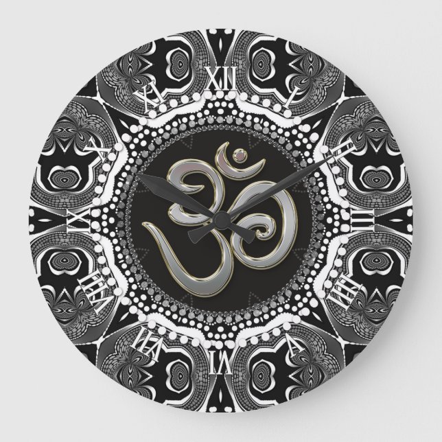 OM Symbol Yoga Black White Tribal Mandala Clock (Front)