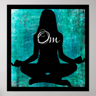 Om Turquoise and Black Women Meditating Yoga Poste Poster