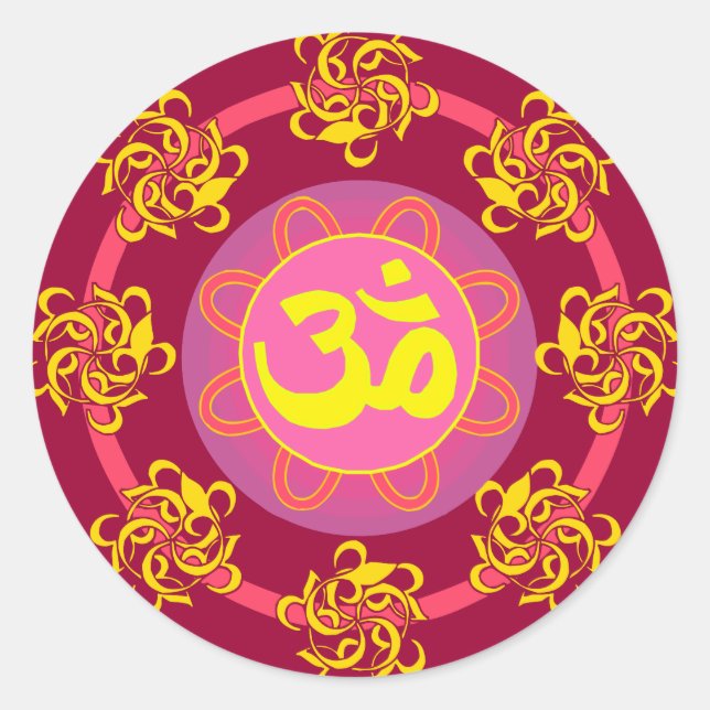 Om with Swirls and Colours! Classic Round Sticker (Front)
