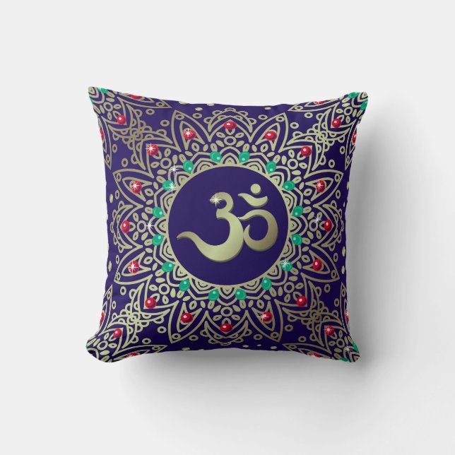 Om Yoga Symbol Mandala Blue Red Teal Cushion (Front)