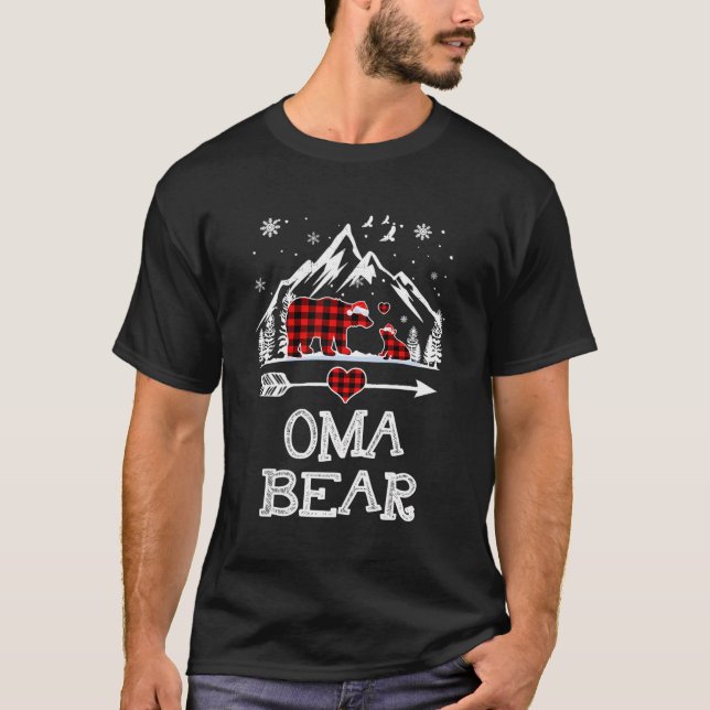 Oma Bear Christmas Pajama Red Plaid Buffalo Family T-Shirt (Front)
