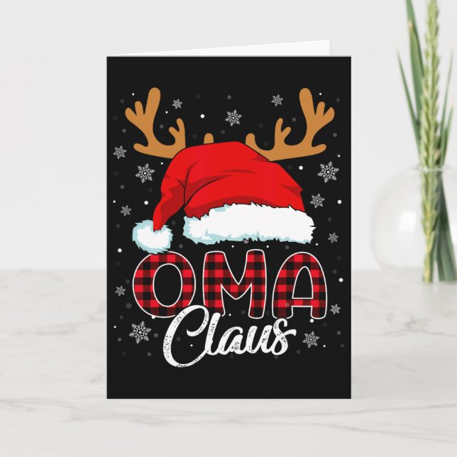 Oma Claus Santa Hat Reindeer Red Plaid Matching Fa Card (Front)