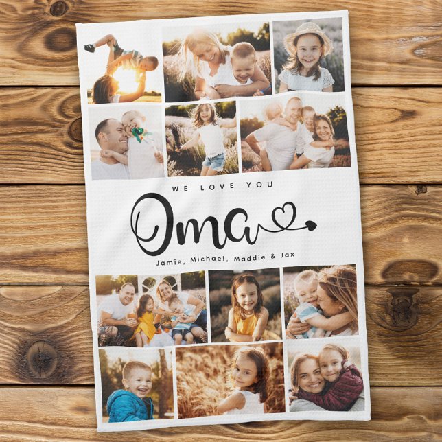 Oma We Love you Hearts Modern Photo Collage Tea Towel (Creator Uploaded)