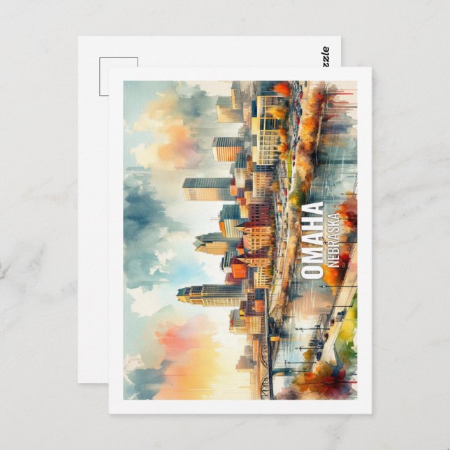 Omaha Nebraska Famous Travel Places watercolor Postcard (Front/Back)