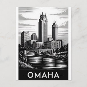 Omaha Nebraska Skyline Black White Woodcut Holiday Postcard