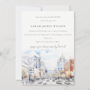 Omaha Nebraska Watercolor Landscape Baby Shower Invitation