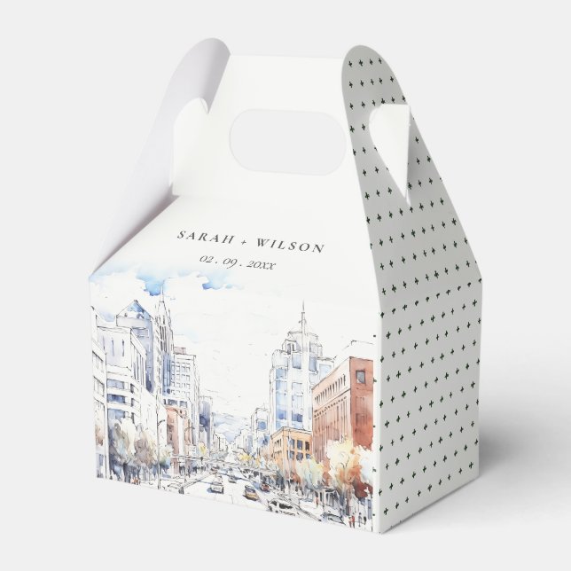 Omaha Nebraska Watercolor Landscape Wedding Favour Box (Front Side)