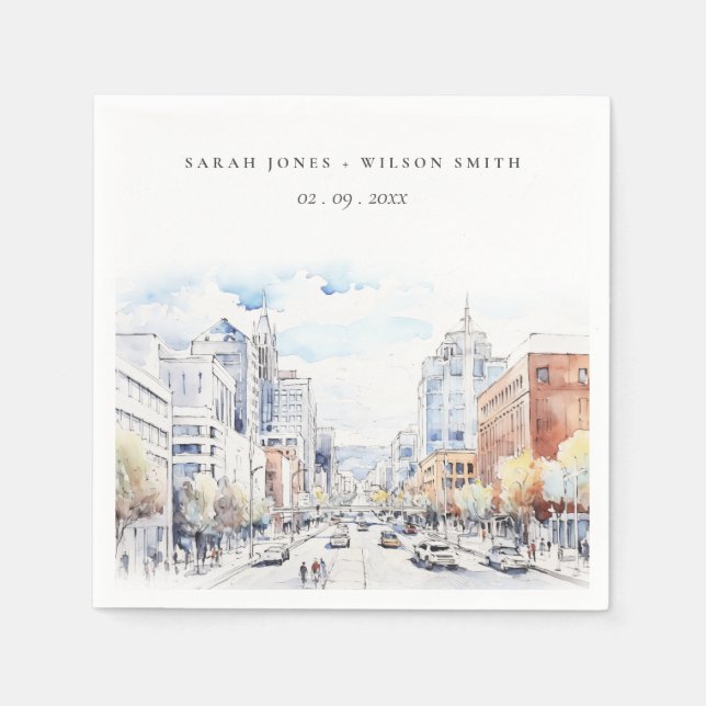 Omaha Nebraska Watercolor Landscape Wedding Napkin (Front)