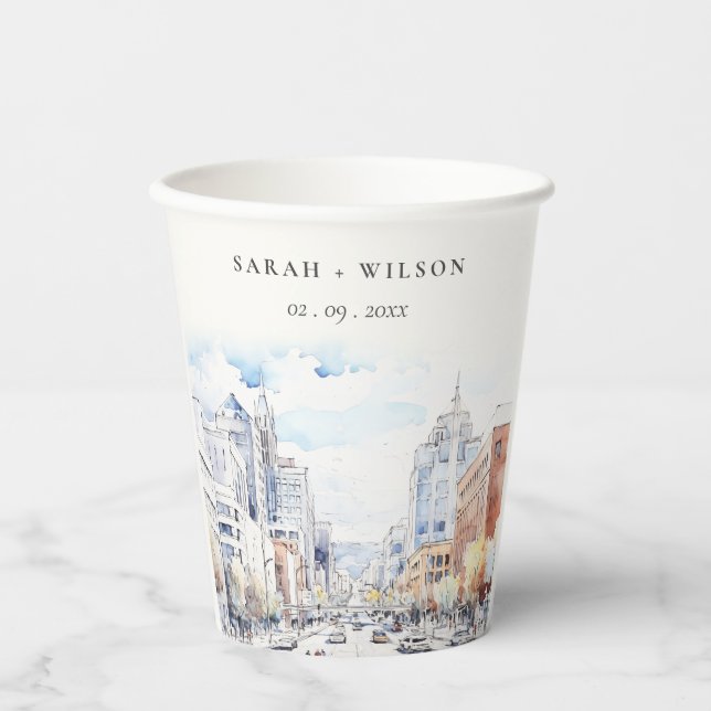 Omaha Nebraska Watercolor Landscape Wedding Paper Cups (Front)