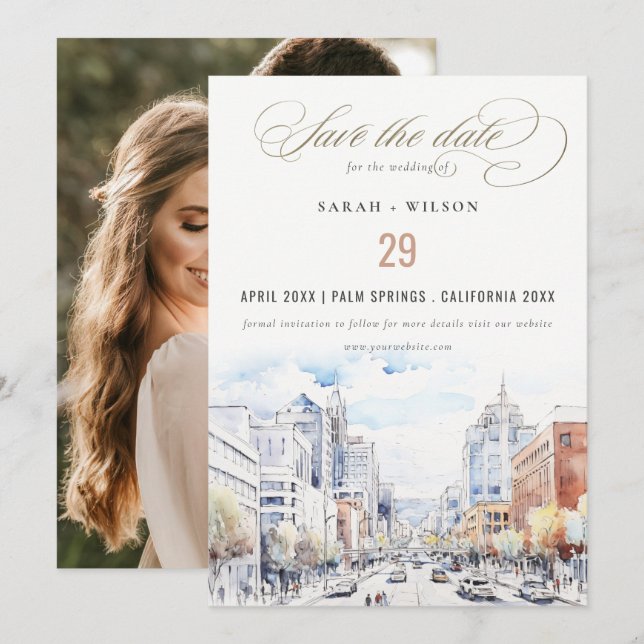 Omaha Nebraska Watercolor Landscape Wedding Photo Save The Date (Front/Back)