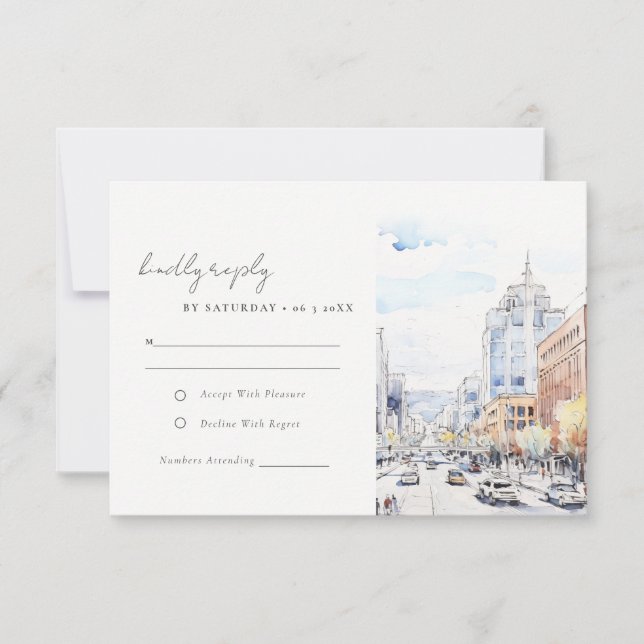 Omaha Nebraska Watercolor Landscape Wedding RSVP Card (Front)
