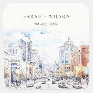 Omaha Nebraska Watercolor Landscape Wedding Square Sticker