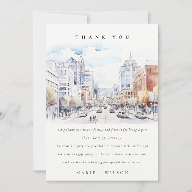 Omaha Nebraska Watercolor Landscape Wedding Thank You Card (Front)