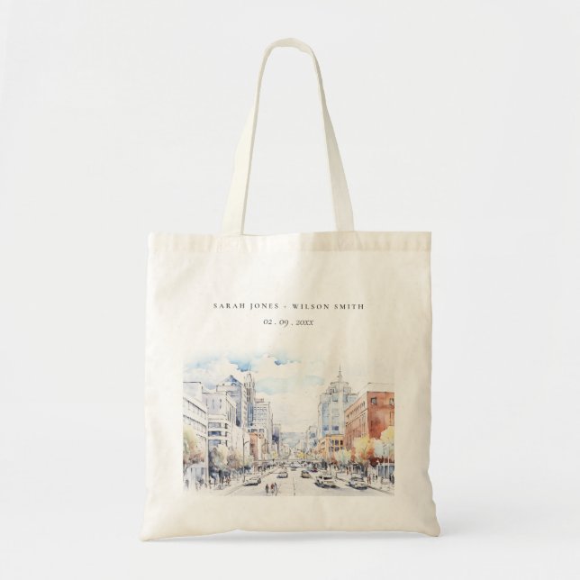 Omaha Nebraska Watercolor Landscape Wedding Tote Bag (Front)