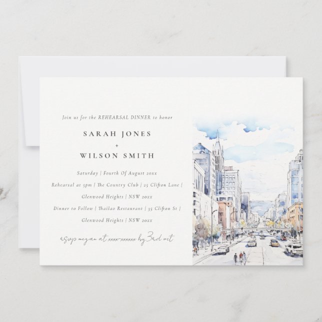 Omaha Nebraska Watercolor Scape Rehearsal Dinner Invitation (Front)