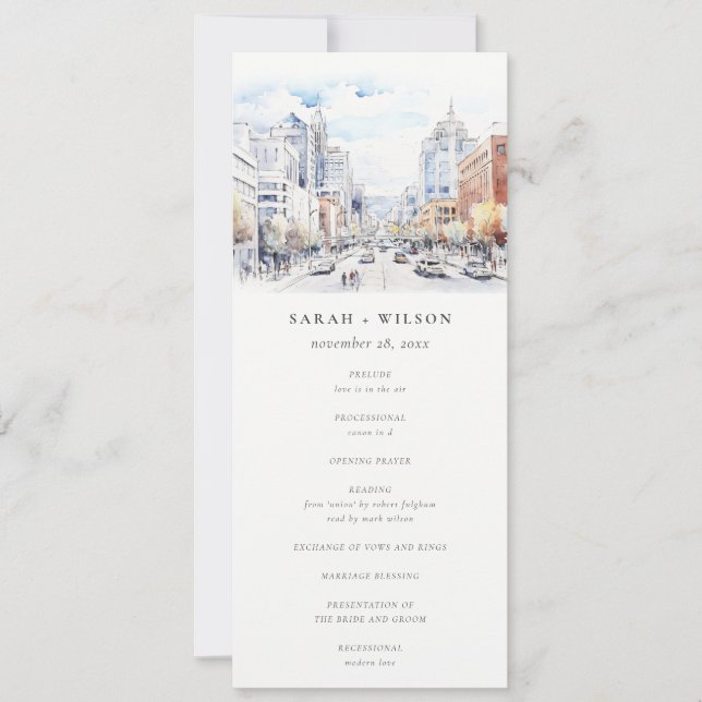 Omaha Nebraska Watercolor Scape Wedding Program (Front)