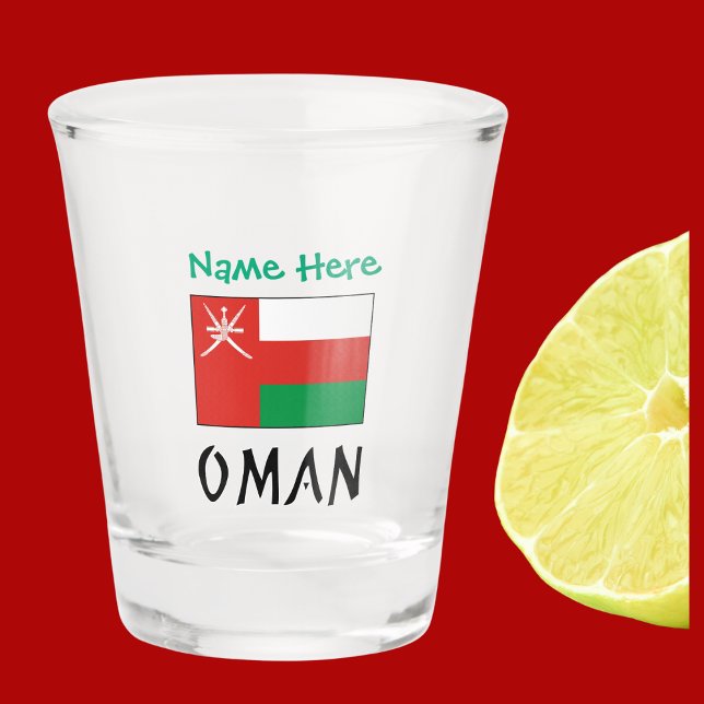 Oman Omani Flag Green Personalisation  Shot Glass (Omani Flag on shot glass has word OMAN below in black text. Above add a name in green letters.)