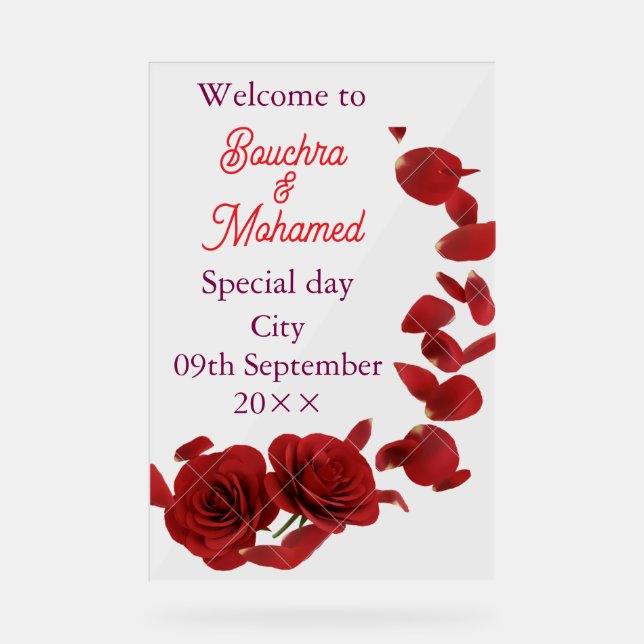 omantic Red Rose Wedding Welcome Sign – Custom Nam (Front)
