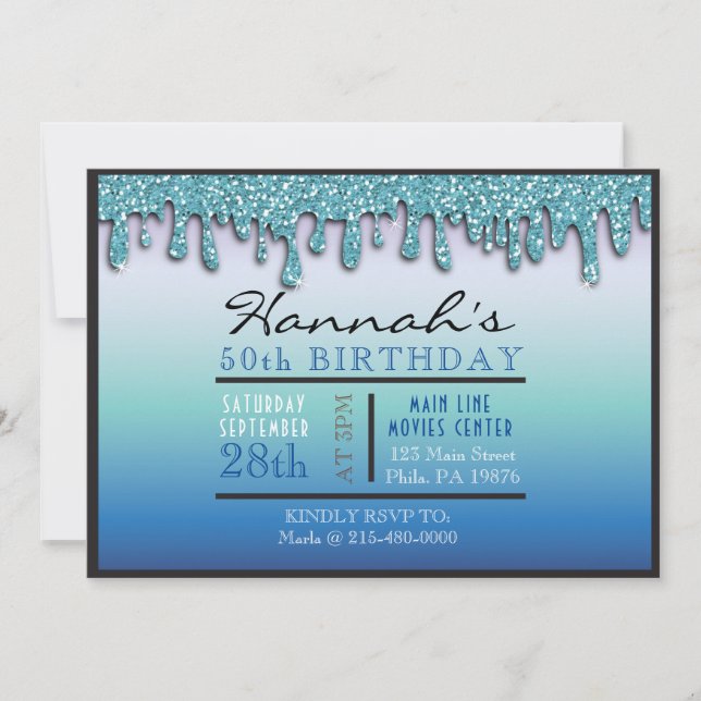 Ombre Aqua Sparkle Drippy 50TH Birthday Party  Invitation (Front)