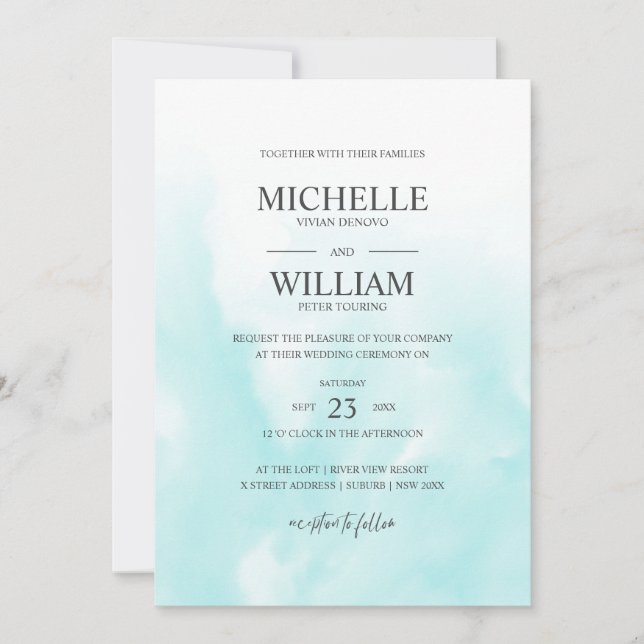 Ombre Azure Water Plain Elegant Wedding Invitation (Front)
