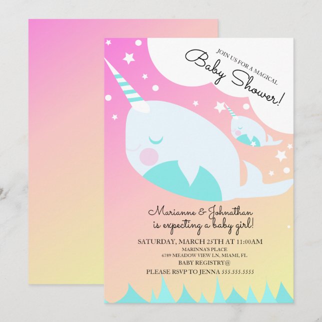 Ombre Baby Shower Narwhale and Baby Magical Invita Invitation (Front/Back)