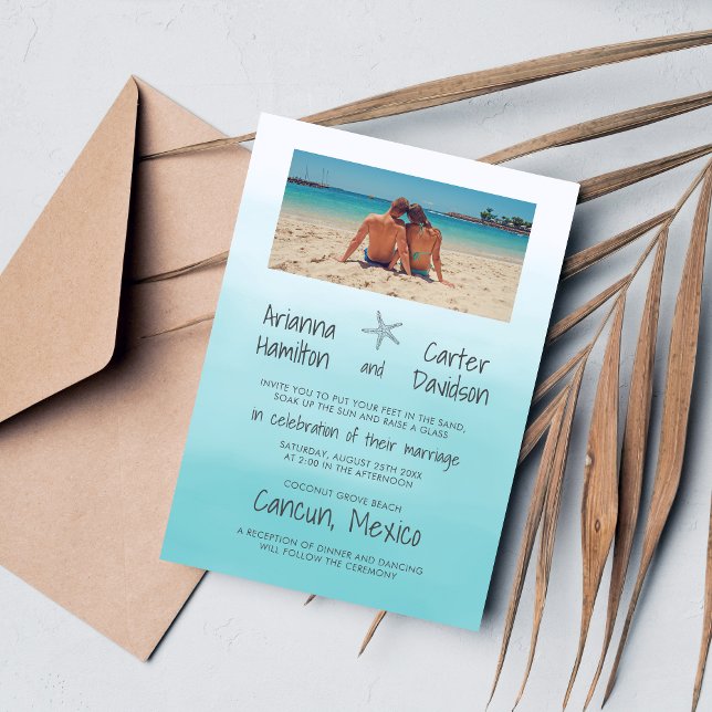 Ombre Beach Destination Ocean Starfish Wedding Invitation (Creator Uploaded)