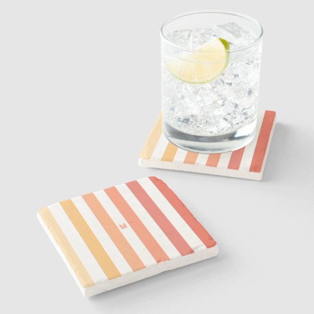 Ombre Beach Sunrise Stripe & Personalised Monogram Stone Coaster (Side)