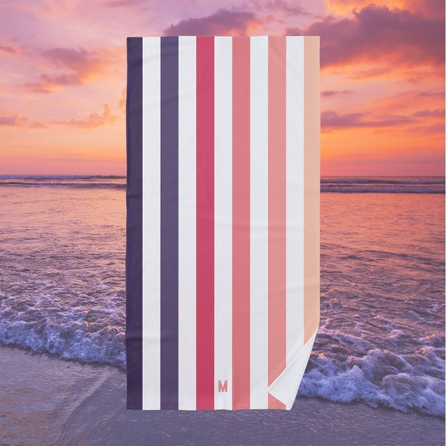 Ombre Beach Sunset Stripe & Personalised Monogram Beach Towel (Creator Uploaded)