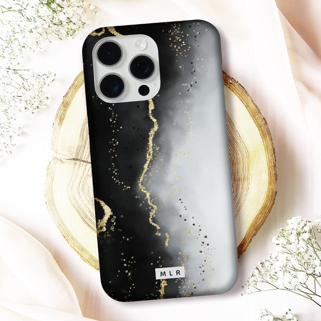 Ombre Black & Gold Moody Agate Modern Monogram Case-Mate iPhone Case (Protect your phone in style with this elegant "Ethereal Mist" monogrammed iPhone case)