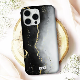 Ombre Black & Gold Moody Agate Modern Monogram iPhone 16 Pro Case