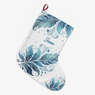 Ombre Blue Filigree Leaf  Personalised  Large Christmas Stocking