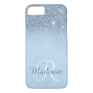 Ombre Blue Personalised Glitter Fading Monogram iPhone 8/7 Case