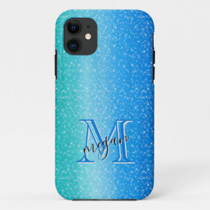 Ombre blue Sparkle Personalized Monogram iPhone 11 Case