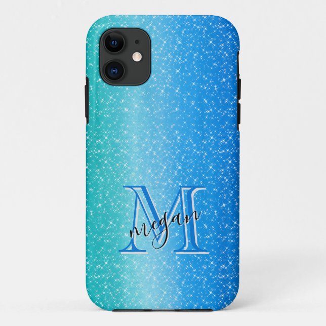  Ombre blue Sparkle Personalized Monogram Case-Mate iPhone Case (Back)
