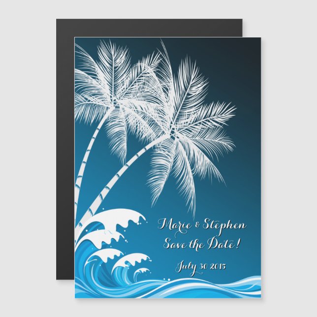 OMBRÉ BLUE TROPICAL PALMS Save the Date Magnetic Invitation (Front/Back)