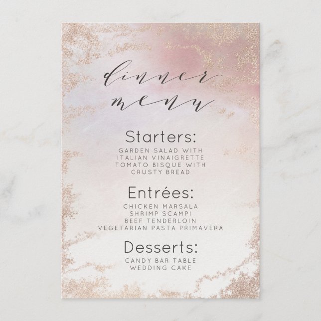 Ombre Blush Pink Frosted Foil Watercolor Dinner Menu (Front)