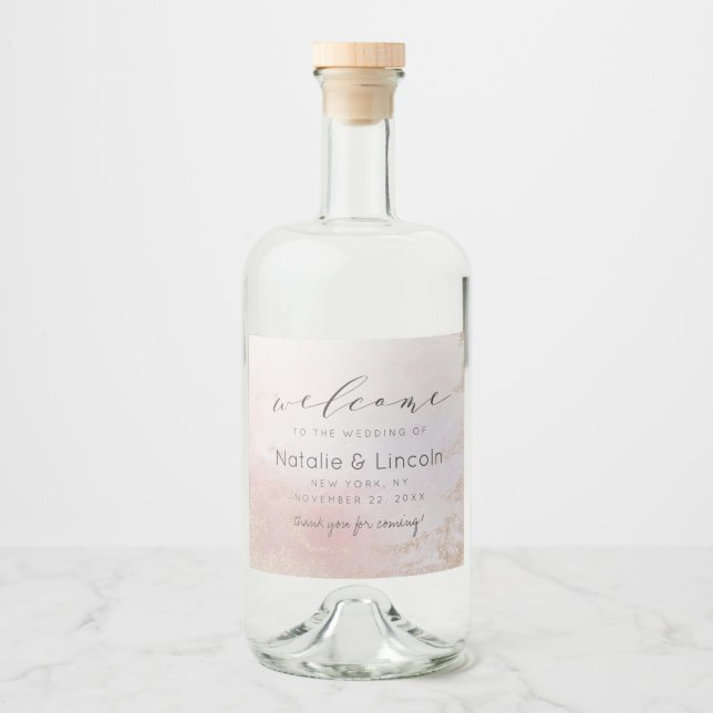 Ombre Blush Pink Frosted Foil Wedding Welcome Liquor Bottle Label (Front)