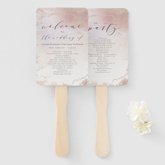 Ombre Blush Pink Frosted Wedding Ceremony Program Hand Fan (Front and Back)