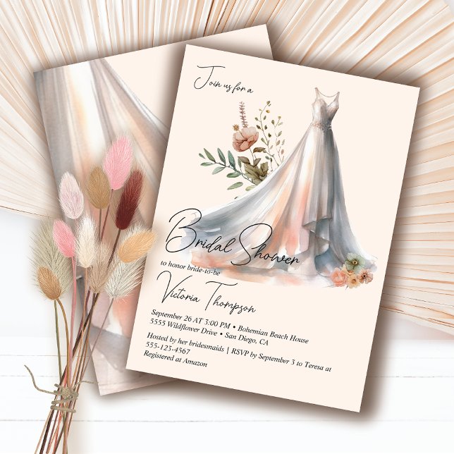 Ombre Boho Wedding Dress floral Bridal Shower Invitation (Creator Uploaded)