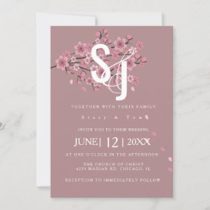 Ombré Cherry Blossom Tree Petals Wedding Invitation