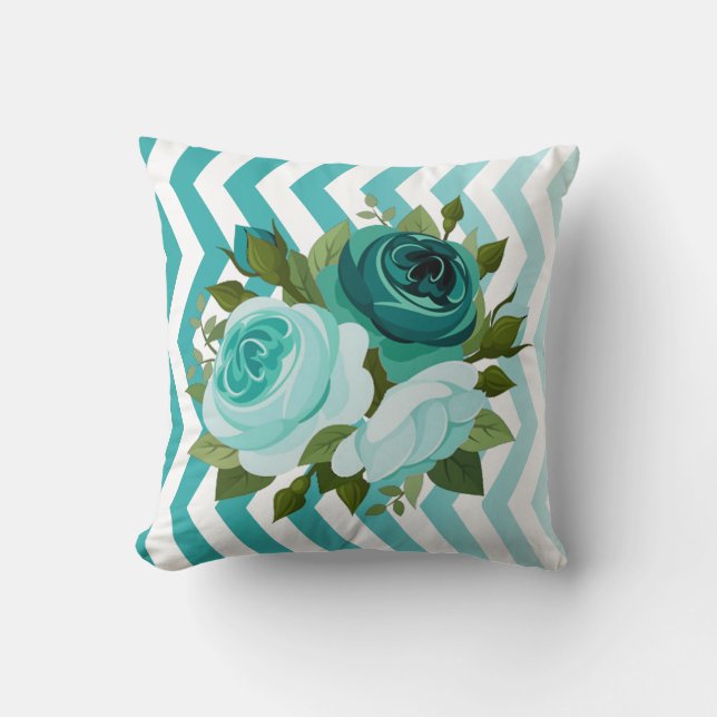 Ombre Chevron Floral Rose Bouquet | aqua teal Cushion (Front)