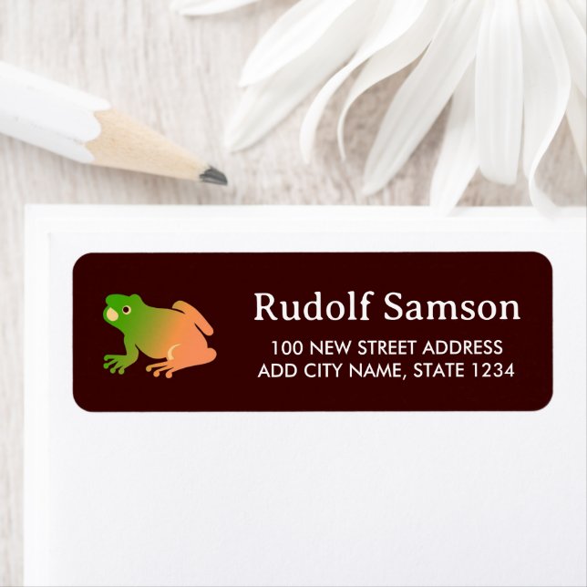 Ombre colour block frog on brown return address label (Insitu)