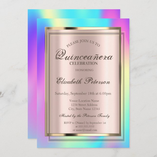 Ombre Colourful Holographic Frame Quinceañera Invitation (Front/Back)