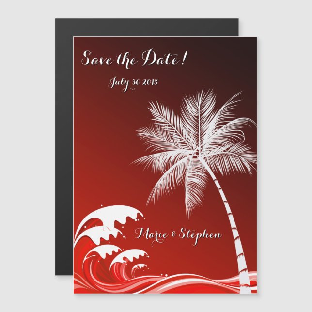 OMBRÉ CRIMSON TROPICAL PALMS Save the Date Magnetic Invitation (Front/Back)
