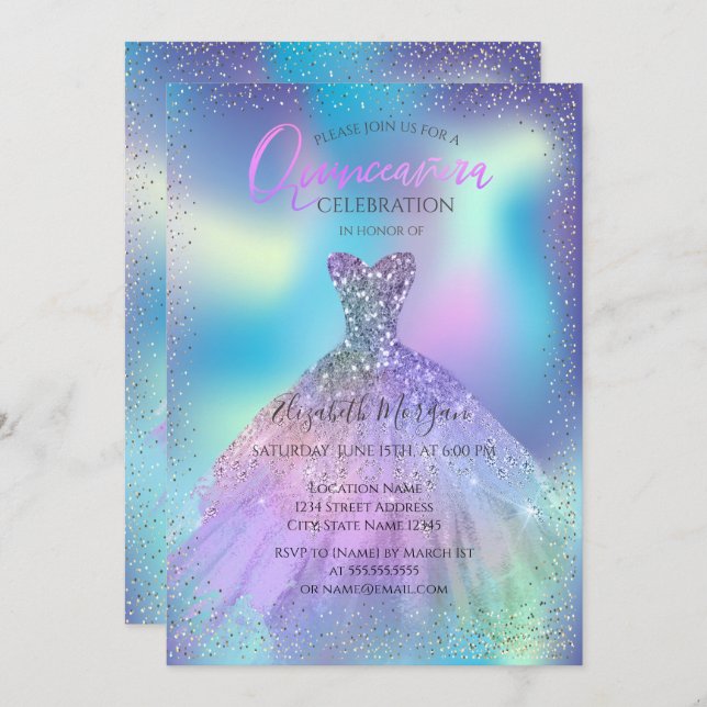 Ombre Dress,Confetti Holographic Quinceañera Invitation (Front/Back)